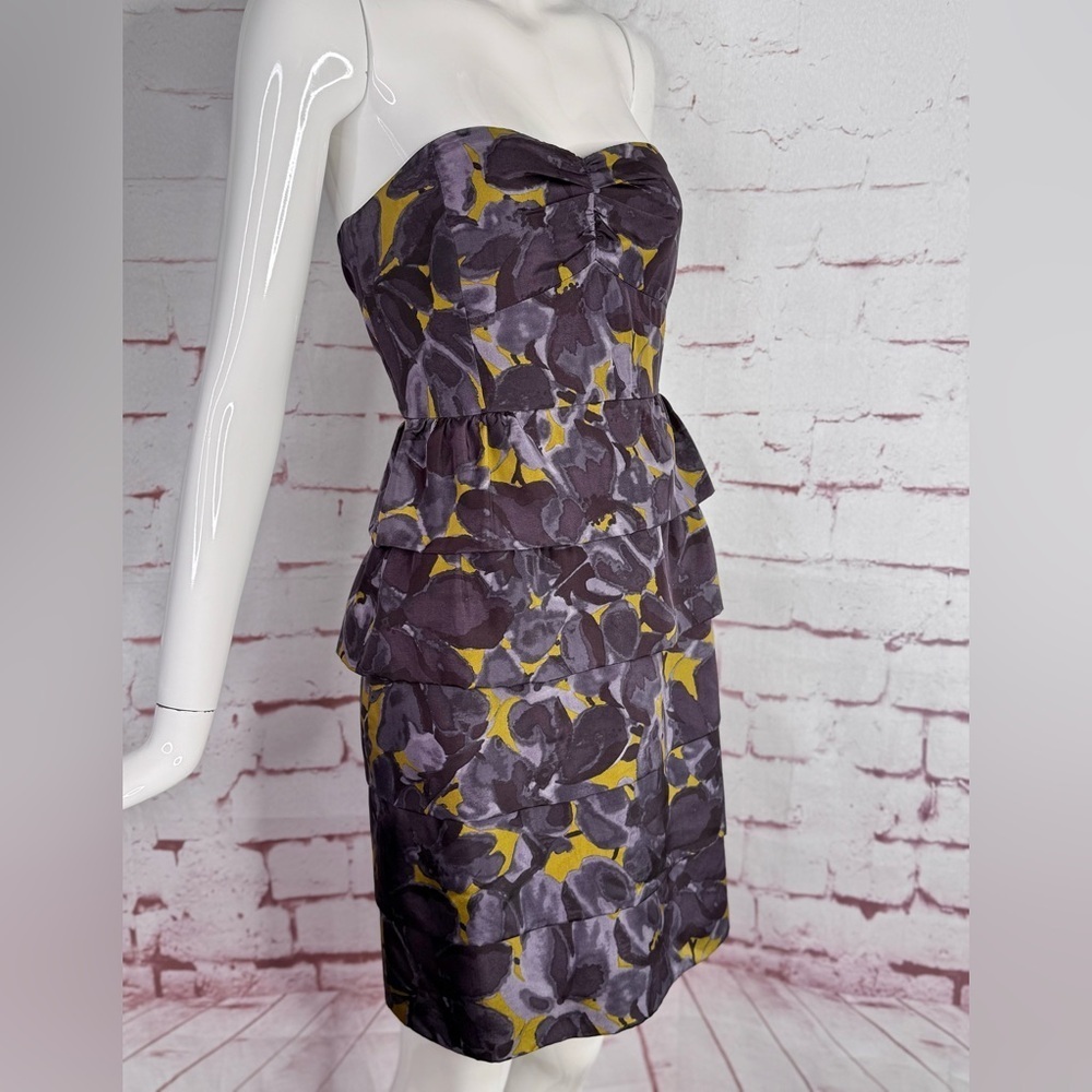 J. CREW 4 Floral Tiered Ruffle Strapless Grey Olive Layered Mini Cocktail Dress - Picture 2 of 14